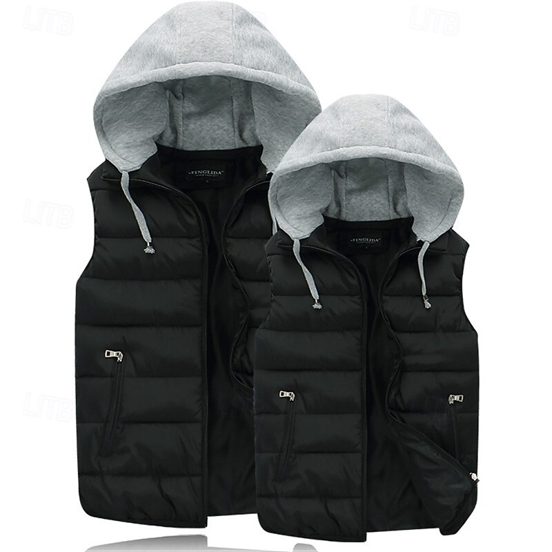 Men's Puffer Vest Vest Gilet Vacation Daily Date Fashion Casual Winter Pocket Polyester Warm Comfortable Solid Color Zipper Hooded Regular Fit Black Red Orange Dark Blue Vest
