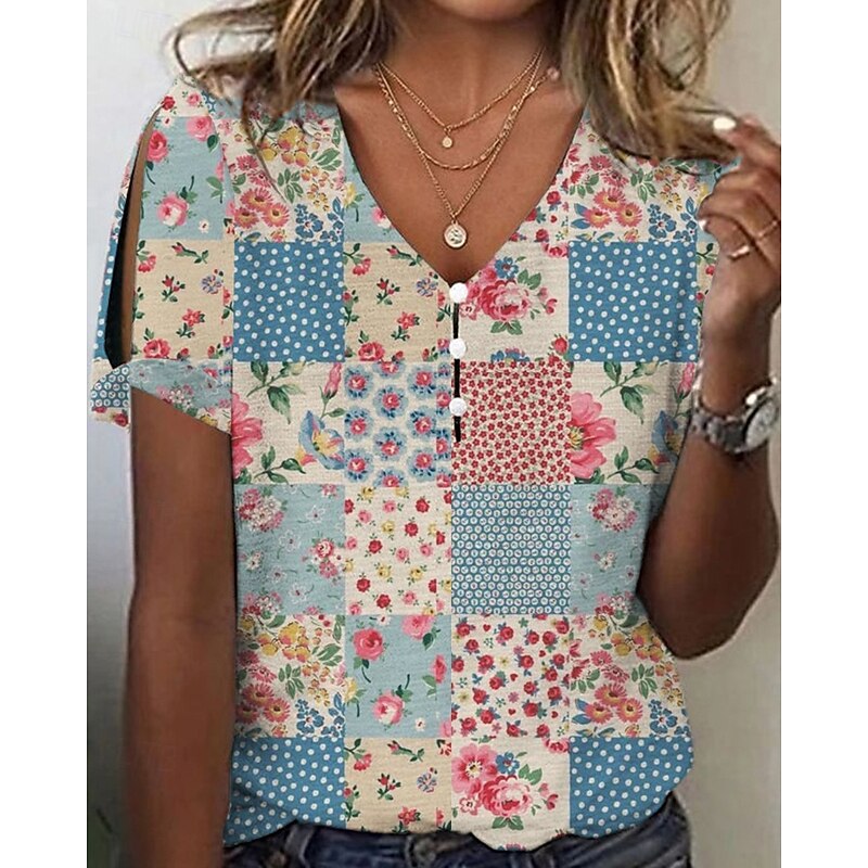 Women's T Shirt Floral Casual Short Sleeve V Neck Regular Tops Daily Going out Print Pink Blue Green Summer3