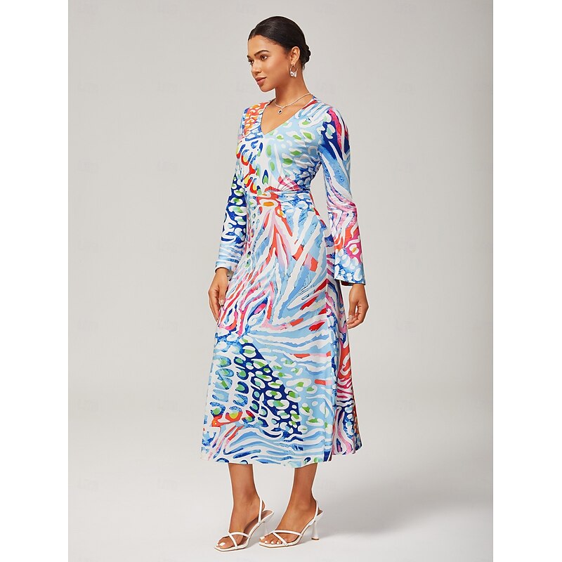 Women's Watercolor Leopard Print Bodycon Maxi Dress V Neck Flare Sleeve Stretch Fabric Wrap Style Elegant Stylish Casual Bold Print Daily Work Fall4