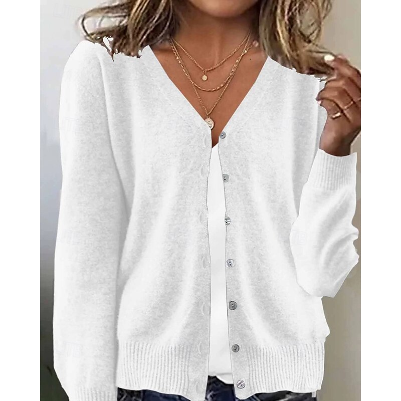 Women's Cardigan Vintage Daily Vintage Style Solid Color Ribbed V Neck Buttons Knitted Long Sleeve Regular Tops Knit Outdoor Daily Black White Fall Winter3