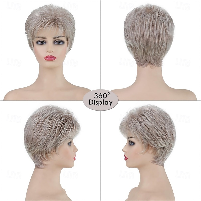 Short White Blonde Pixie Cut Wigs for Women Layered Fluffy Mixed Blonde Wigs with Dark Roots Synthetic Hair Short Wig for White Women2