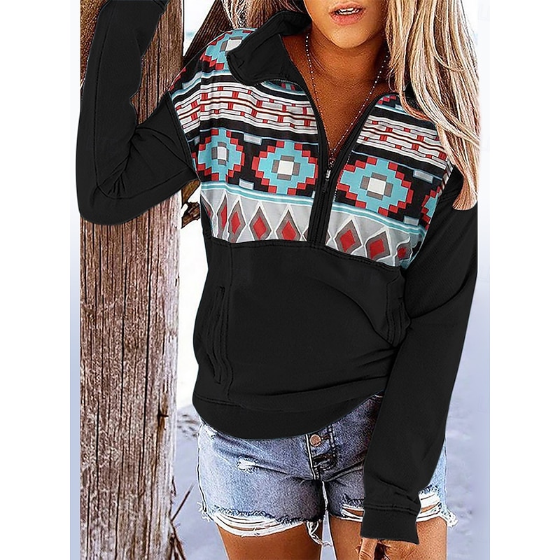 Women's Sweatshirts Geometric Vintage Casual Long Sleeve Turtleneck Regular Tops Street Dailywear Zip Up Pocket Print Black White Red Blue Dark Blue Fall Winter3