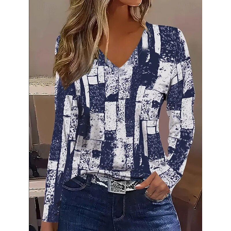 Women's T Shirt V Neck Long Sleeve Tunic Graphic Geometric Vintage Stylish Classic Regular Tops Daily Going out Weekend Print Black Blue Spring Fall