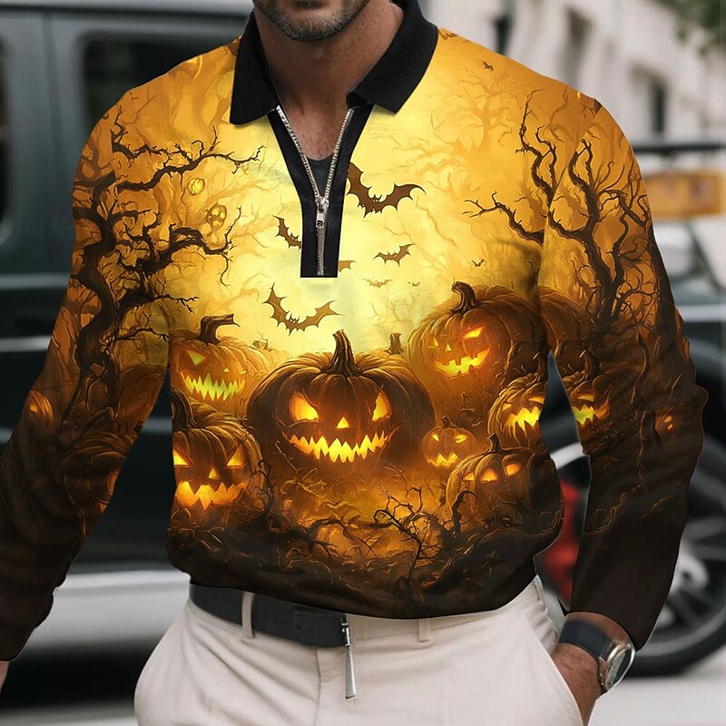 Halloween Men's Pumpkin Polo Long Sleeve Polo Shirts Lapel Casual Street Daily Wear Festival Outfit 3D Print Quarter Zip Polo Spring Fall Winter Black Yellow Orange3