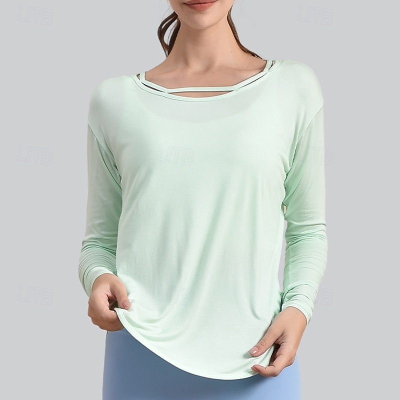 Women's Yoga Shirts Crew Neck Breathable Long Sleeve Sports Solid Color Top For Gym Running Fitness Activewear4