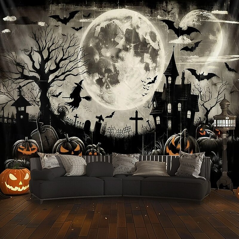 Halloween Wall Tapestry Backdrop – Spooky Haunted House with Full Moon, Flying Witch, Bats, Graveyard and Glowing Jack-o'-Lanterns, Black and White Gothic Wall Hanging for Party and Home Decoration4
