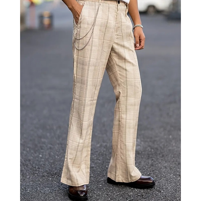 Men's Dress Pants Trousers Chinos Pocket Buttons Plaid Comfort Formal Party Work Fashion Classic Style Khaki Micro-elastic