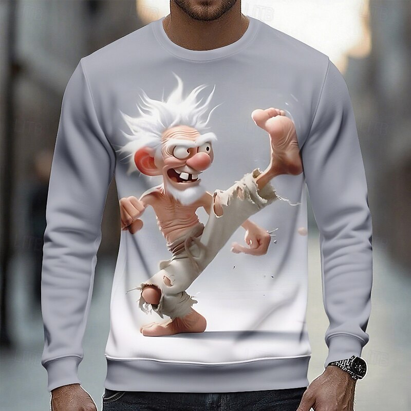 Men's 3D Old Man Sweatshirt Casual Long Sleeve Crew Neck Vacation Party Gift Light Brown White Crewneck 3D All Seasons Designer