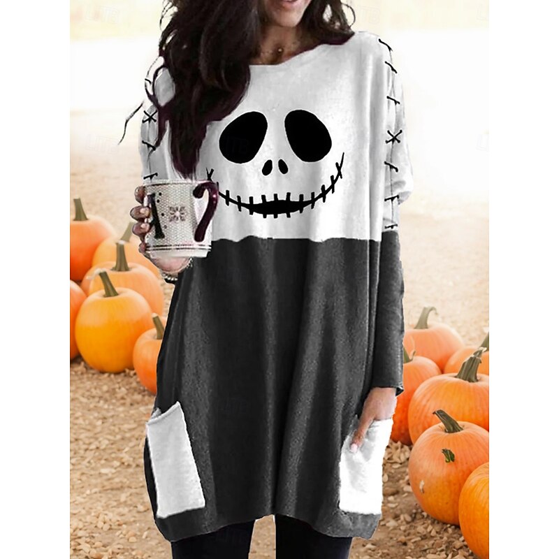 Halloween Women's T shirt Monster Graphic Vintage Fashion Long Sleeve Crew Neck Long Tops Daily Going out Weekend Pocket Print Black White Orange off-white Spring Fall4