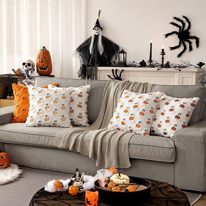 Halloween Plush Pillow Cover with Pumpkin and Ghost Embroidery, Decorative Cushion Case for Sofa, Bedroom, and Holiday Home Decor3