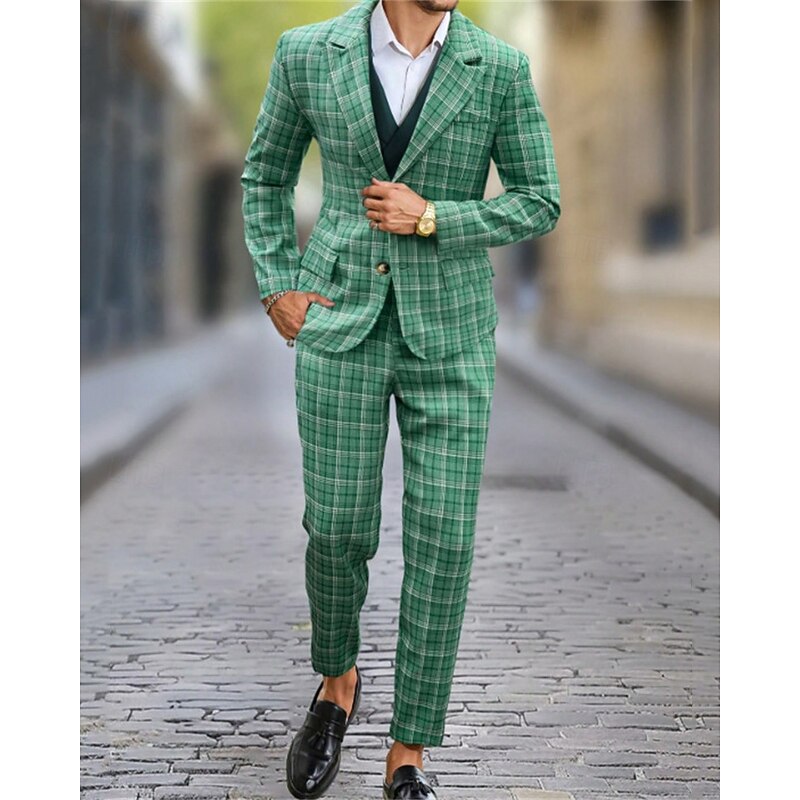Men's Blazer Set Business Cocktail Party Wedding Party 2 Piece Fashion Casual Spring Fall Polyester Plaid Pocket Buttons Comfortable Single Breasted Blazer Green