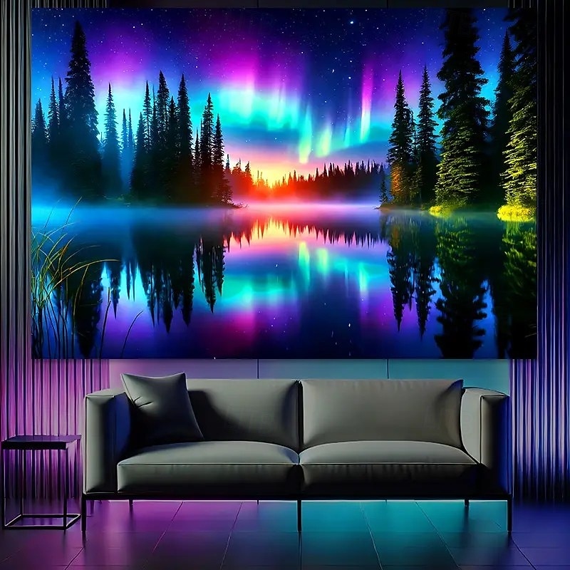 Aurora Halo and Lake Reflection backdrop Wall Tapestry 3D Wall Art for a Serene, Modern Atmosphere, Perfect for Living Room, Office, or Meditation Space3