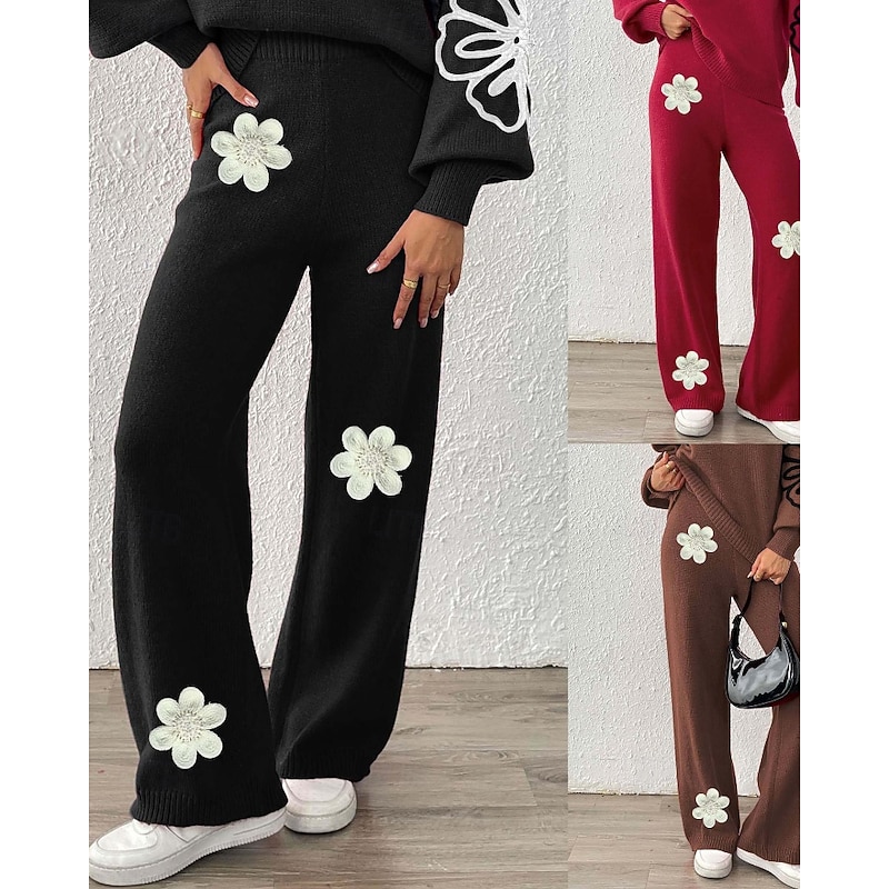 Women's Wide Leg Slacks Streetwear Casual Full Length Natural Flower Elastic Waist Printing Soft Street Holiday Weekend Wine Black Coffee Winter Regular Fit