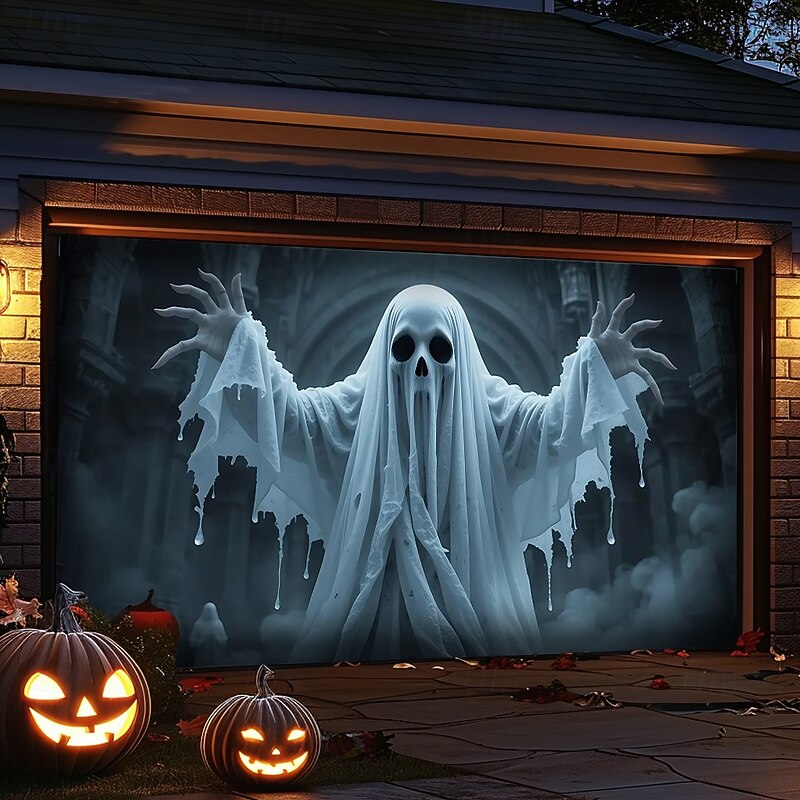 Halloween Garage Door Cover Large Hanging Backdrop Ghost 3D Dark Punk Gothic Style Party Outdoor Shooting Backgrounds Front Door Home Decor4
