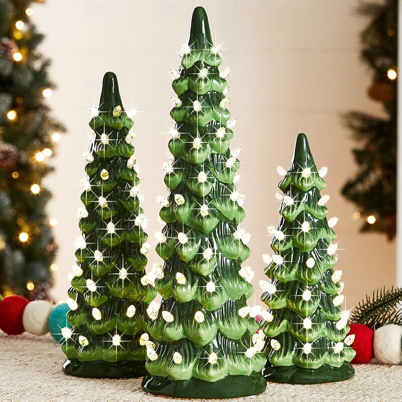 Resin Christmas Trees, Pre-Lit Hand-Painted Tabletop Holiday Decoration w/Multicolor Bulbs LED Lights, Vintage Indoor Decoration Table Top Christmas Tree3