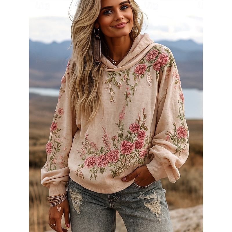 Women's 3D Print Vintage Boho Hoodie Patchwork Hoodie Sweatshirt Floral Pullover Sweatshirt Elegant Warm Active Hooded Street Dailywear Patchwork Light Green Light Purple Beige Spring Fall Winter4
