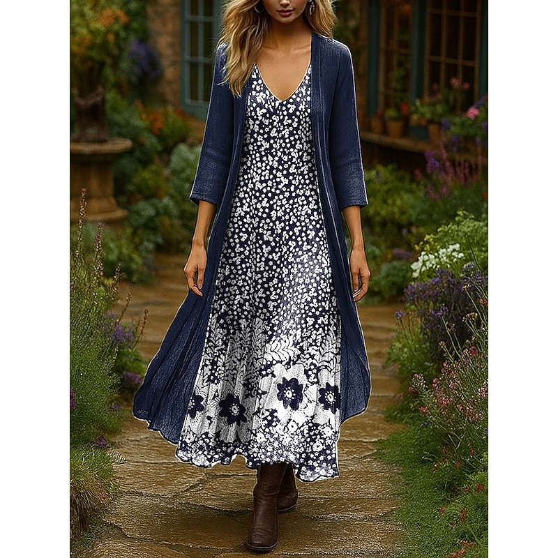 Women's Dress Set Maxi Dress A Line Dress Vacation Boho Floral Graphic Layered Print Maxi Dress 3/4 Length Sleeve V Neck Outdoor Daily Navy Blue Blue Orange Summer Spring Regular Fit