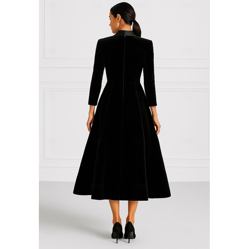 Tuxedo Dress A-Line Formal Velvet Elegant Simple Long Sleeve Tea Length Lapel Double Breasted3