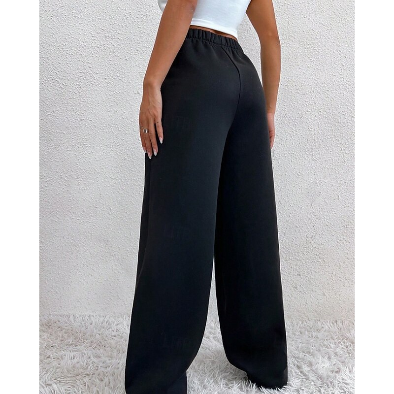 Women's Wide Leg Slacks Streetwear Casual Full Length Natural Plain Pocket Elastic Waist Comfortable Vacation Daily Going out Grey Black Winter Regular Fit4