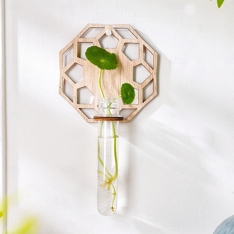 1PC Indoor Wooden Hydroponic Stand Plant Propagation Vase Wall-mounted Plastic Test Tube With Wooden Stand Suitable for Home Plant Decoration Hydroponic Cuttings Unique Garden Plant Enthusiasts