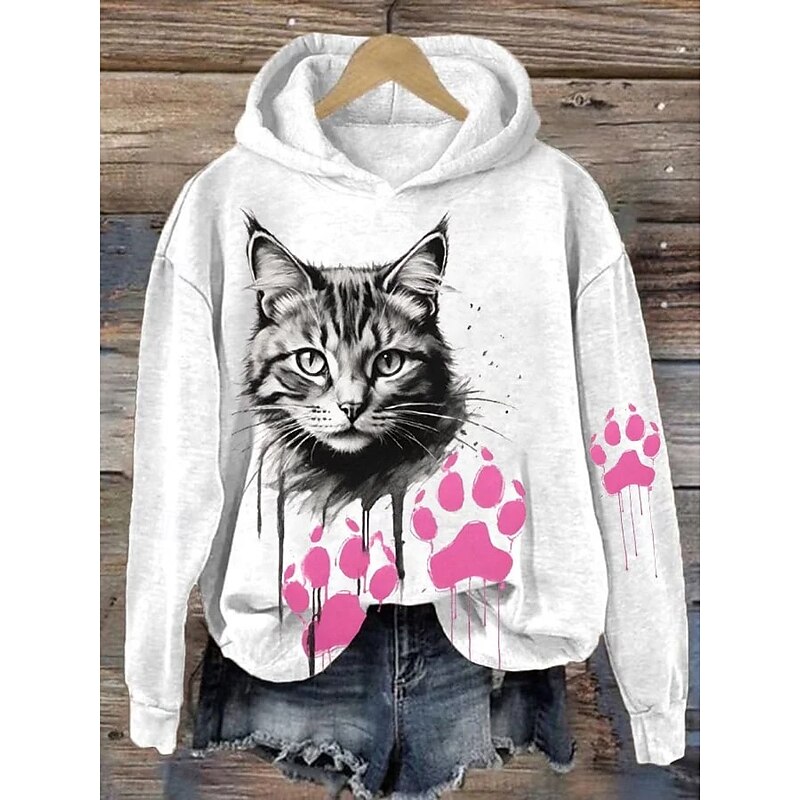 Women's Pullover Hoodie Sweatshirt Graphic Cat Elegant Warm Active Long Sleeve Hooded Regular Tops Street Dailywear Casual Print Black White Pink Blue Green Spring Fall Winter2