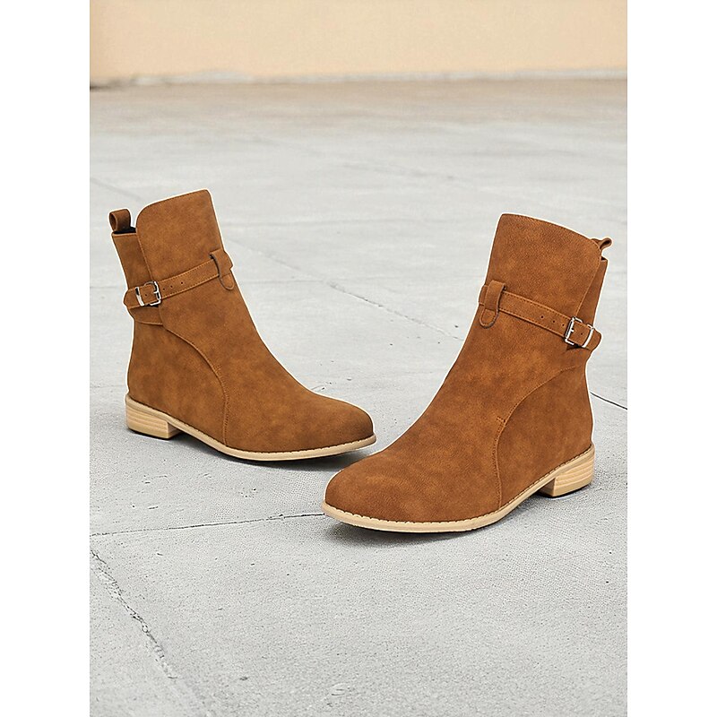 Women's Dark Brown Ankle Boots – Classic Buckle Strap Flat Casual Boots for Fall Outfits, Shopping and Everyday Wear2