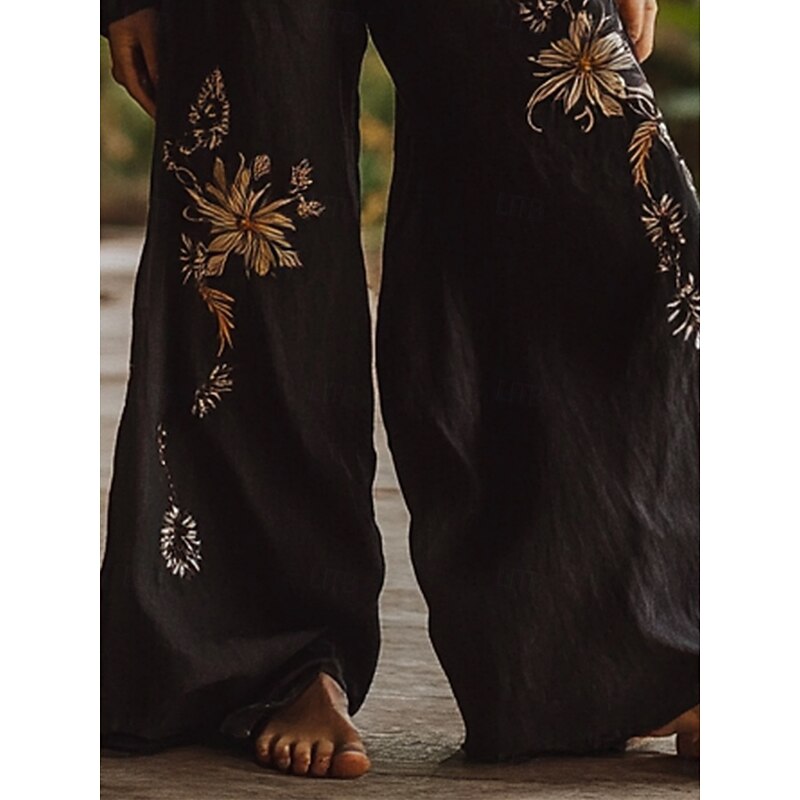 Women's Wide Leg Pants Trousers Vacation Casual Long High Waist Floral Elastic Waist Printing High Cut Breathability Soft Micro-elastic Vacation Street Daily Wear Black Spring Fall Regular Fit3