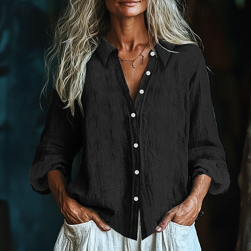 Women's Shirt Texture Blouse Linen-Inspired Shirts Blouse Plain Modern Casual Long Sleeve Shirt Collar Regular Tops Daily Holiday Going out Buttons Black White Yellow Pink Wine Fall4