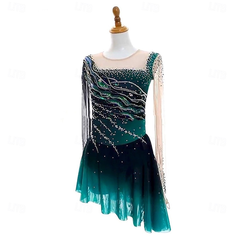 Figure Skating Dress Women's Girls' Ice Skating Dress Dark Green Open Back Asymmetric Hem Mesh High Elasticity Training Competition Skating Wear Classic Crystal / Rhinestone Long Sleeve Ice Skating Figure3