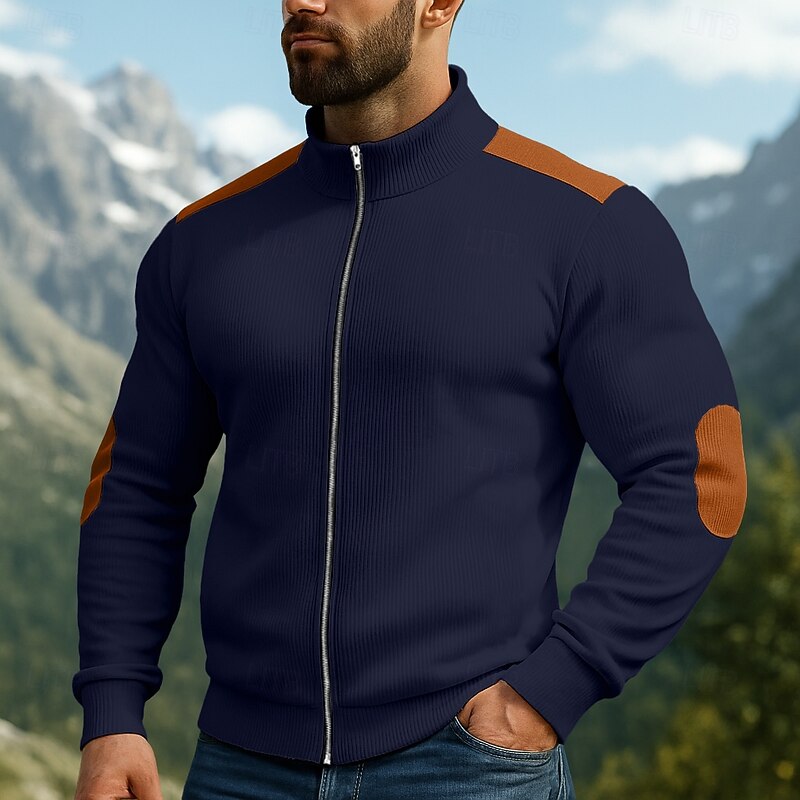 Men's Sweatshirt Corduroy Pullover Hoodie Sweatshirt Pullover Full Zip Sweatshirt Apricot Black White Navy Blue Coffee Standing Collar Plain Patchwork Sports & Outdoor Casual Daily Streetwear Cool4