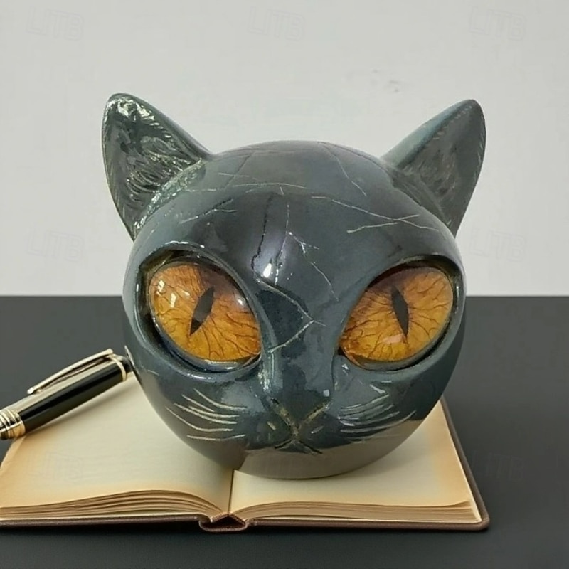 Luxury Black Cat Stone Sculpture Halloween Decoration Hand-Carved Crystals and Healing Stones Carved Halloween Black Cat Decor Pussy Figurine3