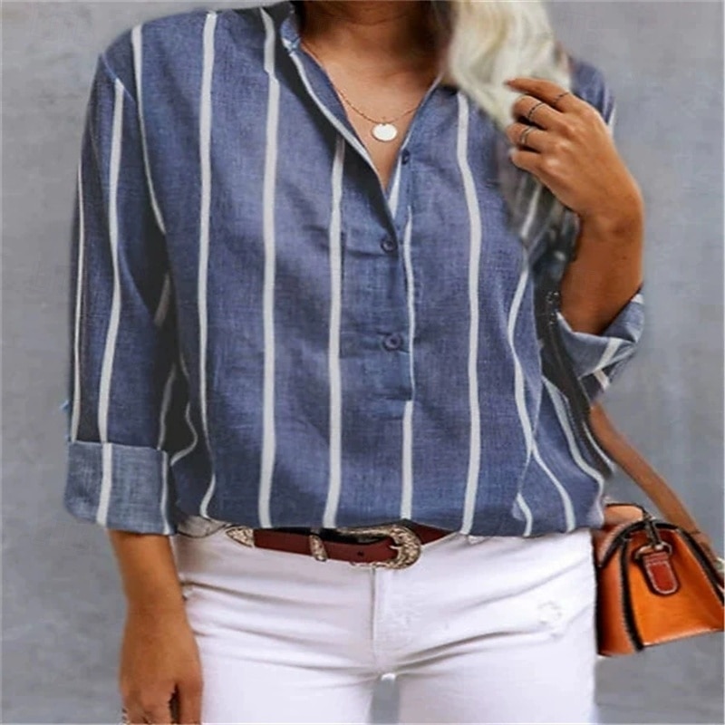 Women's Shirt Blouse Striped Modern Casual Long Sleeve Shirt Collar Regular Tops Daily Holiday Buttons Maroon Red Blue Gray Fall2