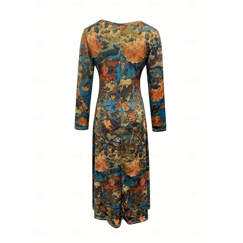 Women's Maxi Dress Sheath Dress A Line Dress Casual Boho Wedding Guest Beach Regular Fit Floral Graphic Long Sleeve Crew Neck Blue Spring Fall Winter3