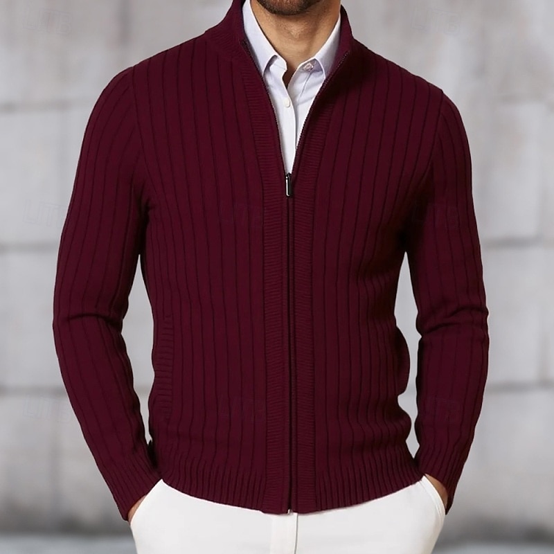 Men's Sweater Dress Sweater Cardigan Sweater Zip Sweater Knit Sweater Ribbed Knit Short Knitted Ribbed Plain Stand Collar Fashion Shawls Business Casual Clothing Apparel Fall Winter Black Burgundy M2