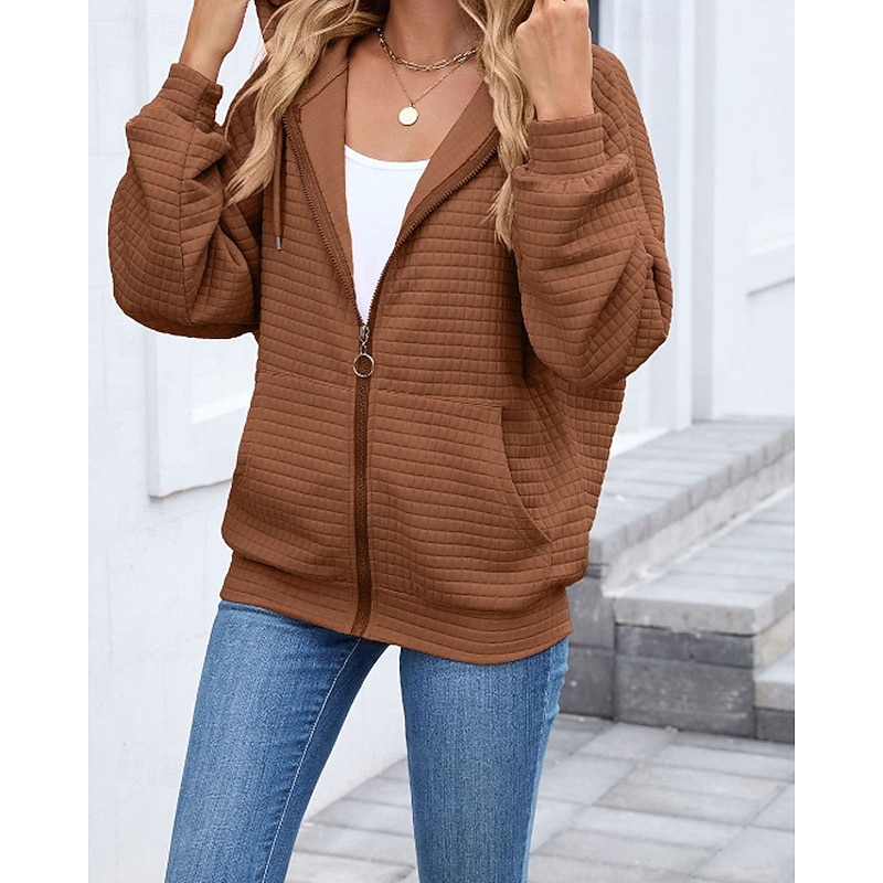 Women's Texture Sweatshirt  Hoodie Jacket Waffle Sweatshirt  Zipper Pocket Casual Plain Outdoor Street Holiday Daily Wear Zipper Regular Hooded Regular Fit Long Sleeve Outerwear Black Pink Brown Fall3