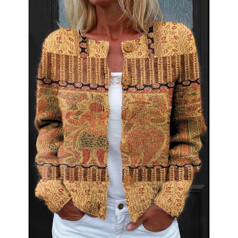 Women's Cardigan Sweater Knitted Ribbed Button Front Round Neck Long Sleeve Lightweight Elegant Vintage Daily Floral Graphic Geometric rint Knit Outdoor Daily Holiday Black Purple Spring Fall4