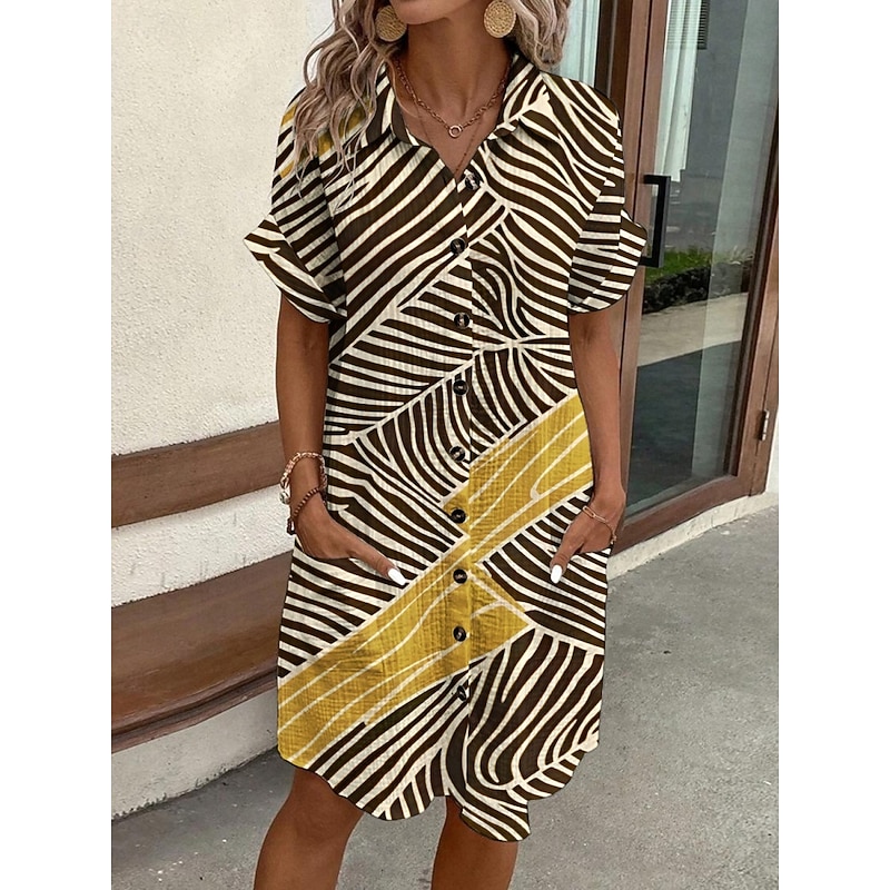 Women's Mini Dress Shirt Dress Casual Dress Print Dress Fashion Modern Daily Beach Weekend Regular Fit Striped Short Sleeve Shirt Collar Khaki Summer Spring Fall Autumn