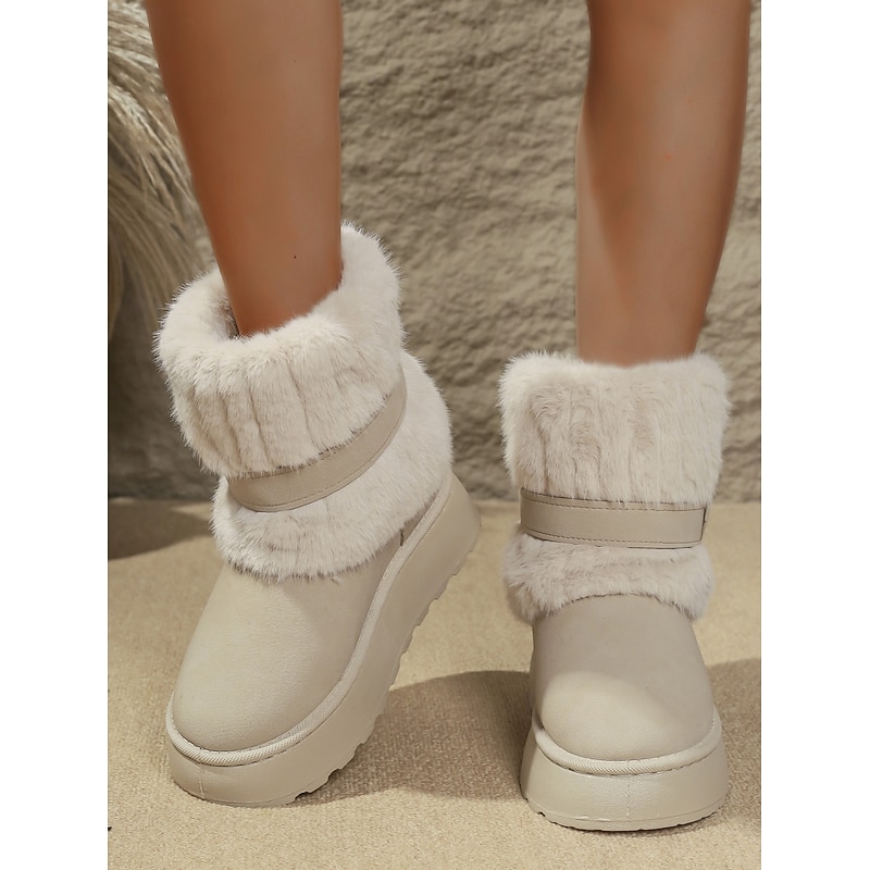 Women's Cream Fur Lined Flat Winter Boots – Cozy Buckle Strap Snow Booties with Non-Slip Sole for Cold Weather2