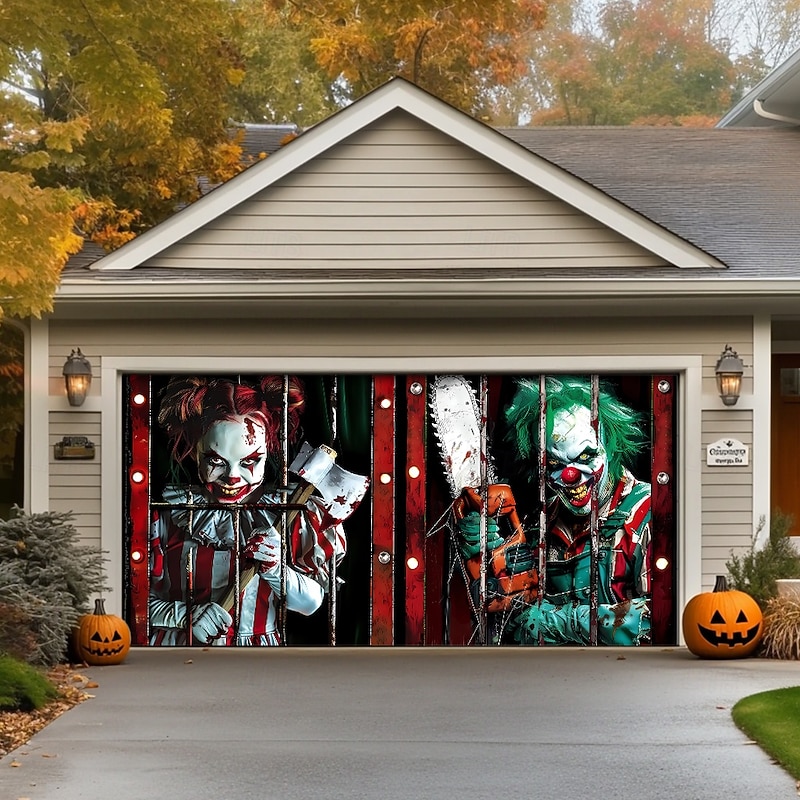 Halloween Garage Door Cover Large Hanging Backdrop Clown Dark Punk Gothic Style Party Outdoor Shooting Backgrounds Front Door Home Decor4