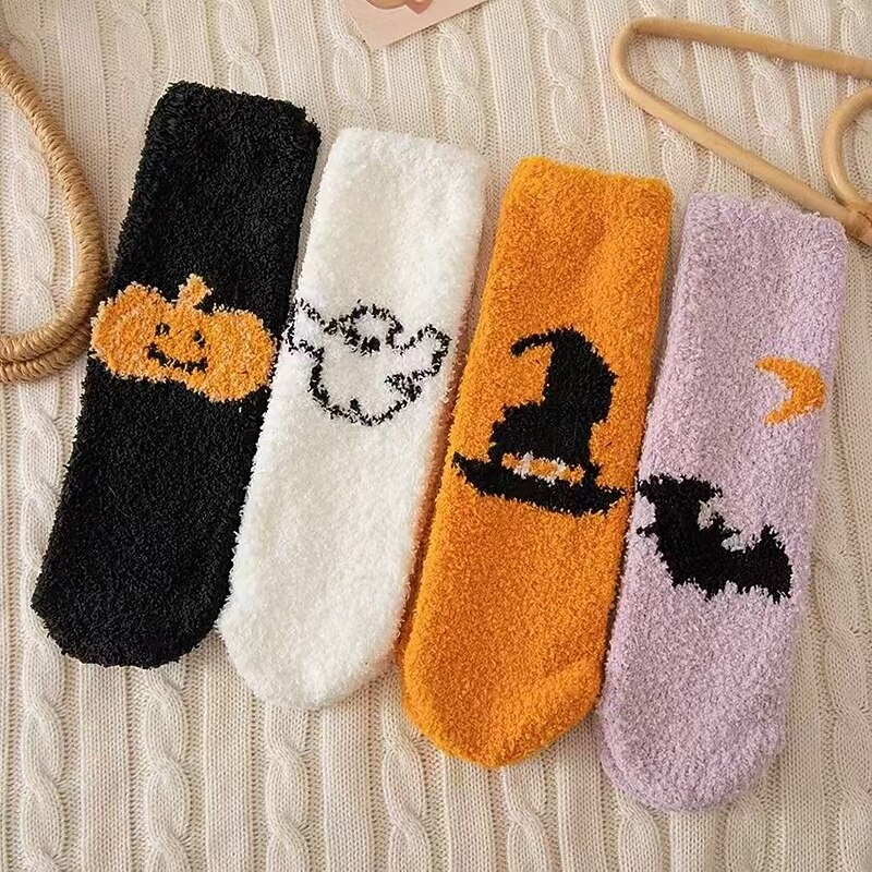 Halloween Series Trendy Wome's Coral Fleece Socks, Autumn Winter Thick Warm Floor Socks, Cozy Sleep and Slouch Socks