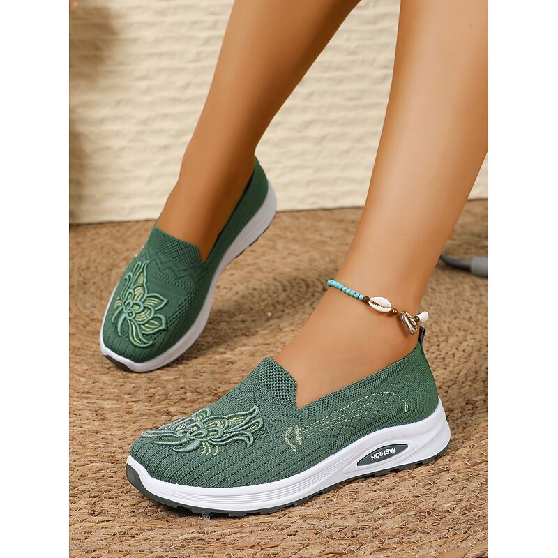 Women's Green Embroidered Slip-On Walking Shoes – Breathable Knit Casual Sneakers with Arch Support for Travel, Work & Daily Wear