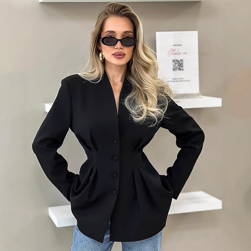 Women's Blazer Comfortable Ruched Patchwork Elegant Fashion Glamorous & Dramatic Lady Solid Color School Formal Office Party / Evening Single Breasted Regular V Neck Regular Fit Long Sleeve Outerwear