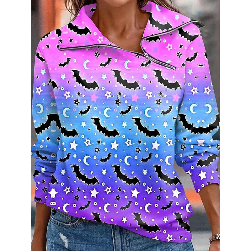 Halloween Women's Sweatshirts Casual Long Sleeve High Neck Regular Tops Casual Zipper Wine Red Blue Orange Brown Fall3