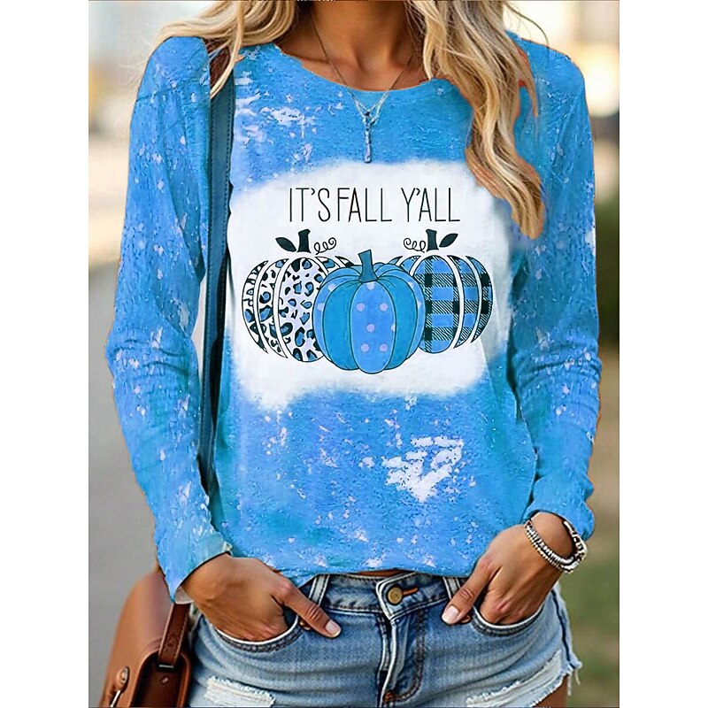 Halloween Women's T shirt Pumpkin Graphic Vintage Stylish Classic Long Sleeve Crew Neck Regular Tops Daily Print Pink Blue Orange Green Spring Fall Winter3