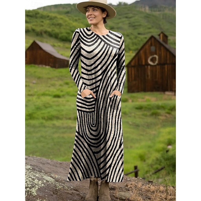 Women's Maxi Dress T Shirt Dress Tee Dress Casual Daily Going out Regular Fit Graphic Geometric Long Sleeve Crew Neck Red Light Brown Orange Brown Summer Spring Fall4