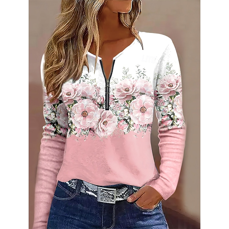 Women's T Shirt Ombre Floral Graphic Elegant Vintage Stylish Long Sleeve Round Neck Notched Neck Regular Tops Daily Weekend Zipper Print Pink Sky Blue Purple Spring Fall Winter