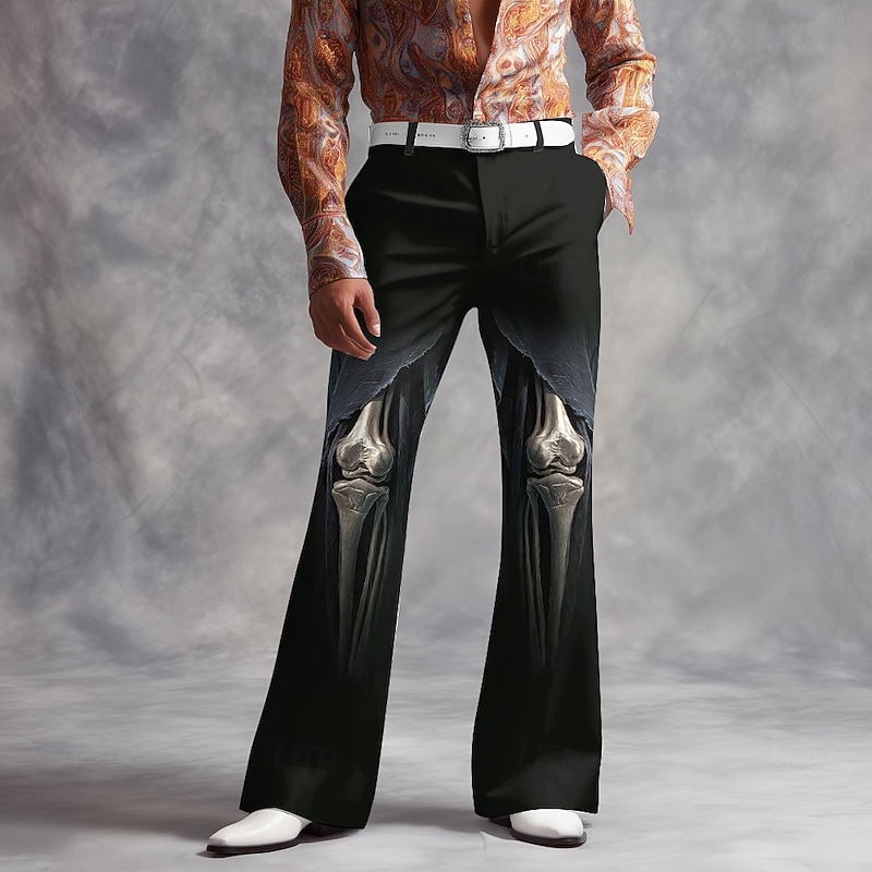 Halloween Men's Skeleton Halloween Costumes Disco Pants 60s 70s Bell Bottoms Mid Waist Dark Gothic Style Outdoor Holiday Side Pockets Flared Leg Pants Trousers Spring Fall 3D Print Black 1 Black