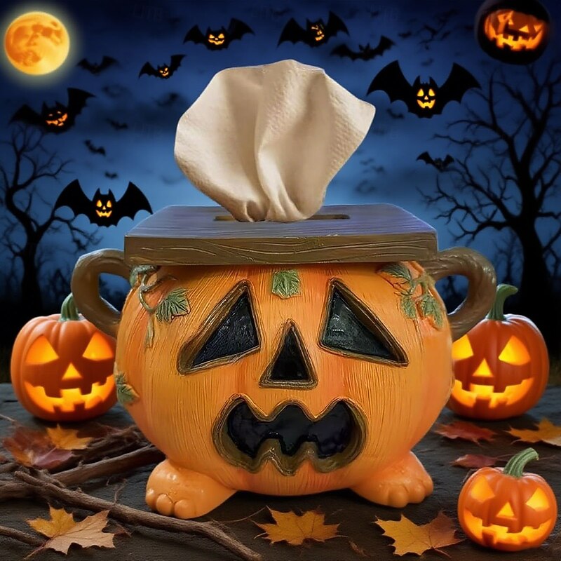 Halloween Pumpkin Tissue Box Holder Horror House Style Tissue Box Holder Cute Facial Paper Organizer Dispenser Toilet Paper Holder for Halloween Party, Kitchen, Bathroom, Office Desk Decor2