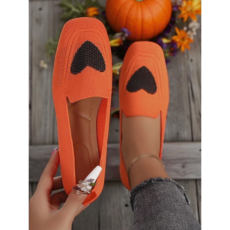 Women's Orange Flyknit Loafers with Black Heart Pattern, Breathable Slip-On Flats for Casual Wear and Halloween Festivities2