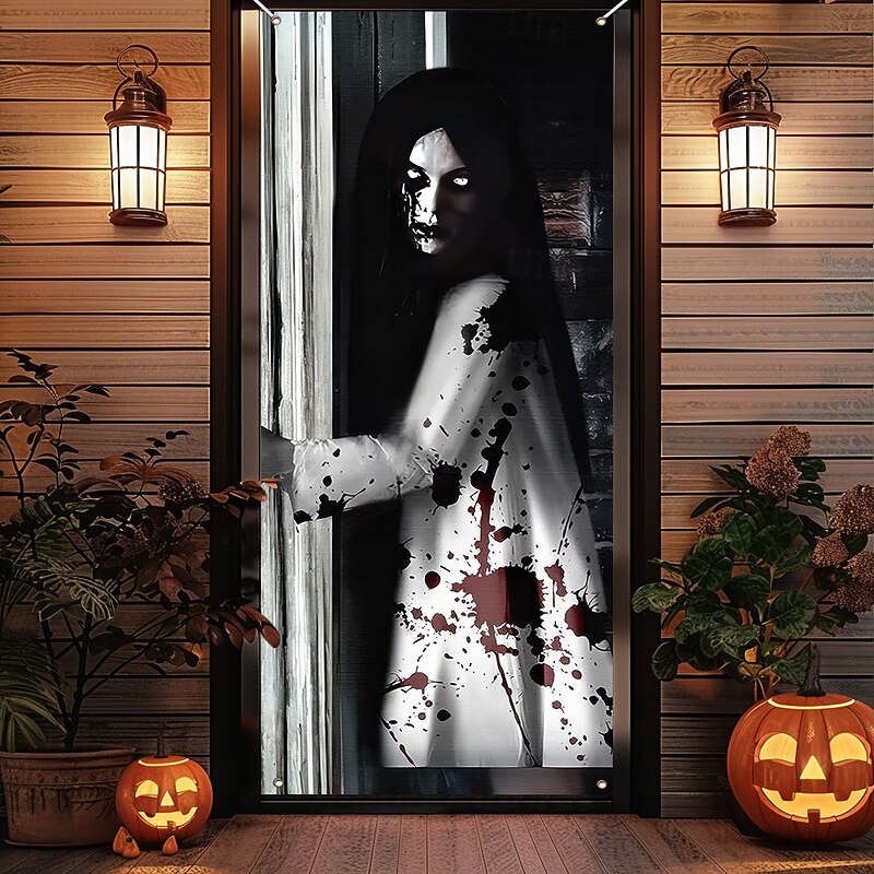 Halloween Door Cover Outdoor Banners Witch Ghost Psychedelic Dark Punk Gothic Style Party Outdoor Shooting Backgrounds Front Door Wall Porch Home Decor3